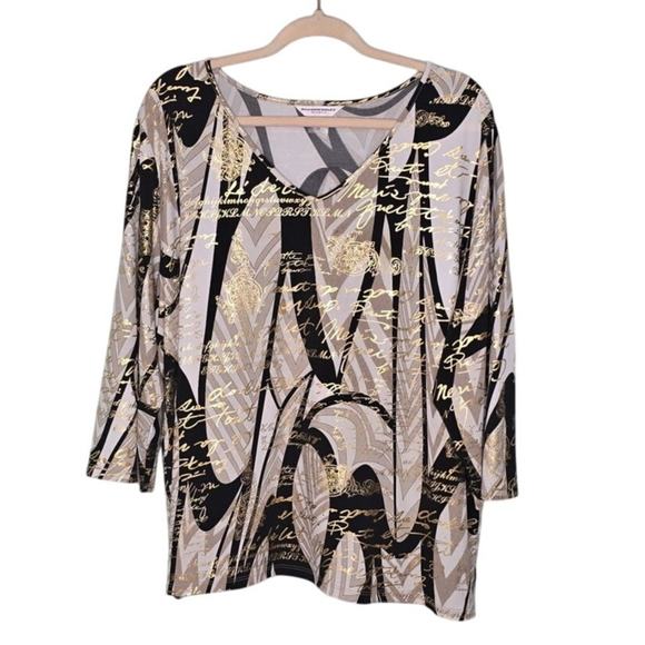ALLISON‎ DALEY WOMEN 2X Plus Pullover Top Tan Black Gold White Blouse 3/4 Sleeve - Picture 1 of 6